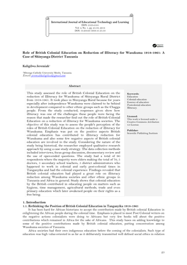 Role of British Colonial Education on Reduction of Illiteracy for Wasukuma 1918-1961: a Case of Shinyanga District Tanzania