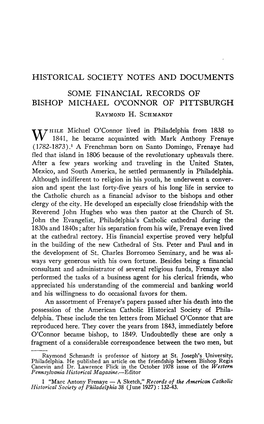 HISTORICAL SOCIETY NOTES and DOCUMENTS SOME FINANCIAL RECORDS of BISHOP MICHAEL O'connor of PITTSBURGH Raymond H