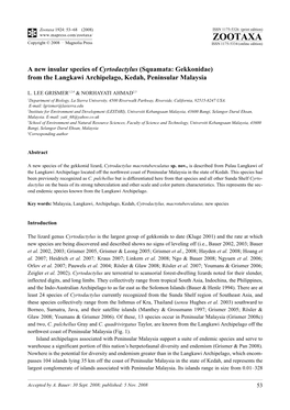 Zootaxa, a New Insular Species of Cyrtodactylus (Squamata