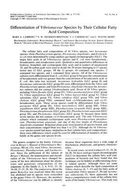 Differentiation of Vibvionaceae Species by Their Cellular Fatty Acid Composition