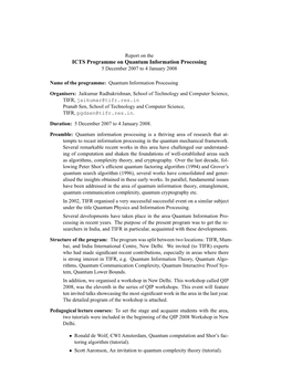 ICTS Programme on Quantum Information Processing 5 December 2007 to 4 January 2008