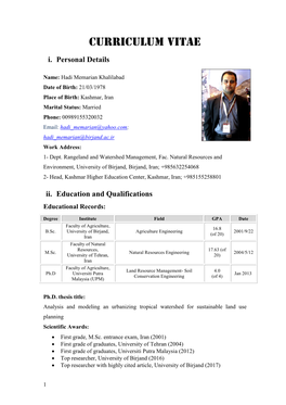 I. Personal Details Ii. Education and Qualifications