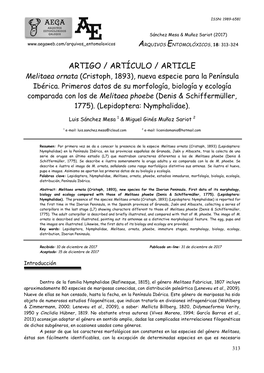 ARTIGO / ARTÍCULO / ARTICLE Melitaea Ornata (Cristoph, 1893), Nueva Especie Para La Península Ibérica