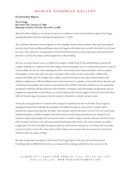 Tony Cragg December 2Nd - January 17, 2004 Opening Reception: Tuesday, December 2, 2003