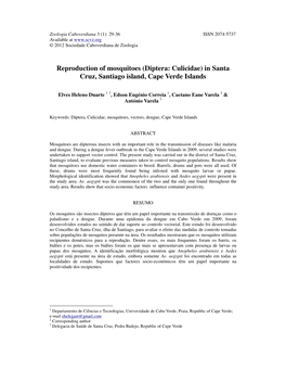 Reproduction of Mosquitoes (Diptera: Culicidae) in Santa Cruz, Santiago Island, Cape Verde Islands