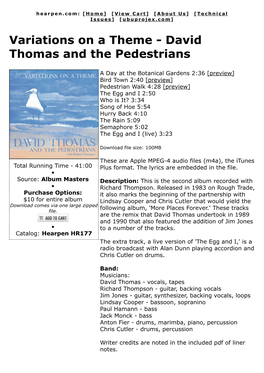 Variations on a Theme - David Thomas and the Pedestrians