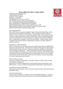 Beacon Hill and Godley Cutting, Halifax STATUS: Local Geological Sites OTHER DESIGNATIONS: COUNTY: West Yorkshire DISTRICT: Calderdale OS GRID REF