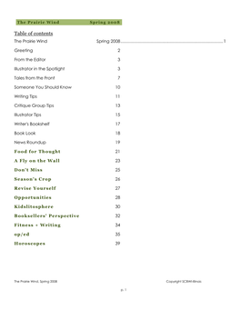 Table of Contents the Prairie Wind Spring 2008