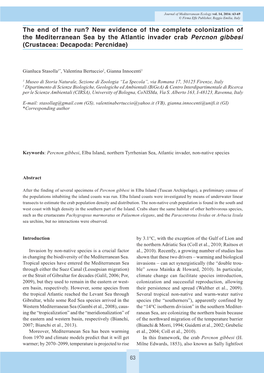 New Evidence of the Complete Colonization of the Mediterranean Sea by the Atlantic Invader Crab Percnon Gibbesi (Crustacea: Decapoda: Percnidae)