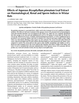 Effects of Aqueous Bryophyllum Pinnatum Leaf Extract on Haematological, Renal and Sperm Indices in Wistar Rats