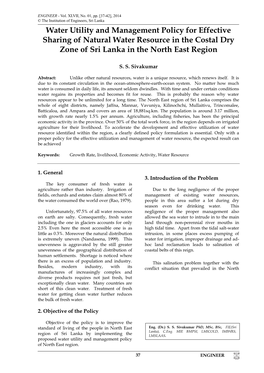 Water Utility and Management Policy for Effective Sharing of Natural Water Resource in the Costal Dry Zone of Sri Lanka in the North East Region