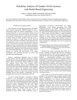 Reliability Analysis of Complex NASA Systems with Model-Based Engineering