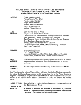 Minutes of the Meeting of the Maui Police Commission Wednesday, December 18, 2013 at 9:00 A.M