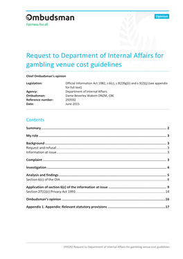 Request to Department of Internal Affairs for Gambling Venue Cost Guidelines