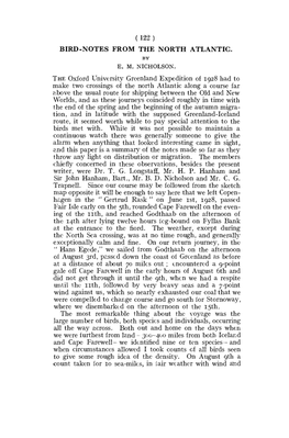 (122) BIRD-NOTES from the NORTH ATLANTIC. the Oxford University Greenland Expedition of 1928 Had to Make Two Crossings of the No