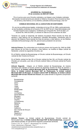 Acuerdo Unidades Judiciales Municipales Transitorias Atencion Sistema Acusatorio Penal Distritos Judiciales Bucaramanga-San Gil