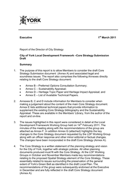 Executive 1St March 2011 Report of the Director of City Strategy City of York Local Development Framework –Core Strategy Submi