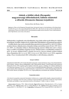 Adatok a Tízlábú Rákok (Decapoda) Magyarországi Elõfordulásáról, Különös Tekintettel a Cifrarák (Orconectes Limosus) Terjedésére