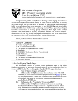 The Women of Hopkins DLC – Diversity Innovation Grants Final Report (4 June 2017) Table of Contents 1. Gender Equity Workshops