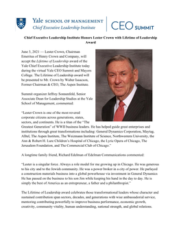 Chief Executive Leadership Institute Honors Lester Crown with Lifetime of Leadership Award