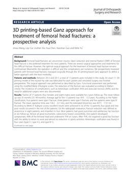 3D Printing-Based Ganz Approach for Treatment of Femoral Head Fractures: a Prospective Analysis Jinwu Wang, Leyi Cai, Linzhen Xie, Hua Chen, Xiaoshan Guo and Kehe Yu*