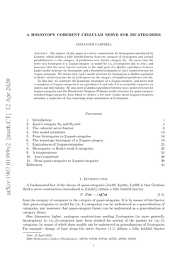 Arxiv:1907.01999V2 [Math.CT] 12 Apr 2020 N : Cat −→ Qcat (1.1) from the Category of Categories to the Category of Quasi-Categories