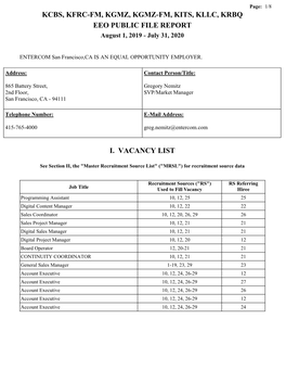 KCBS, KFRC-FM, KGMZ, KGMZ-FM, KITS, KLLC, KRBQ EEO PUBLIC FILE REPORT August 1, 2019 - July 31, 2020