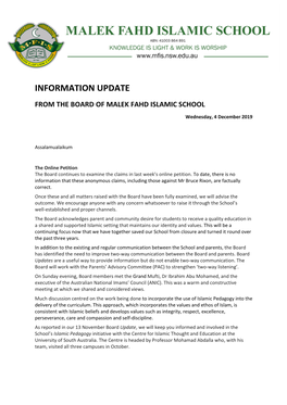 Information Update from the Board of Malek Fahd Islamic School