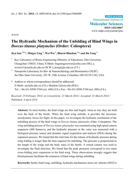 The Hydraulic Mechanism of the Unfolding of Hind Wings in Dorcus Titanus Platymelus (Order: Coleoptera)