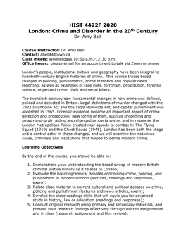 HIST 4422F 2020 London: Crime and Disorder in the 20Th Century Dr