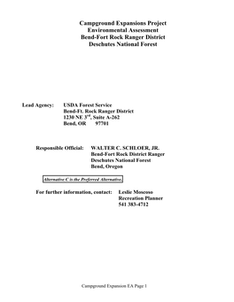 Campground Expansions Project Environmental Assessment Bend-Fort Rock Ranger District Deschutes National Forest