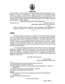 Chennai District, Mambalam-Guindy Taluk, Kodambakkam Town, Block-4,– T.S.No.47 / 2 Part and Etc., - Extent of 0.01.21.0 H.A