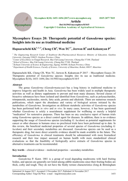 Mycosphere Essays 20: Therapeutic Potential of Ganoderma Species: Insights Into Its Use As Traditional Medicine Article
