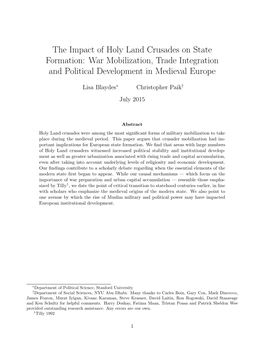The Impact of Holy Land Crusades on State Formation: War Mobilization, Trade Integration and Political Development in Medieval Europe