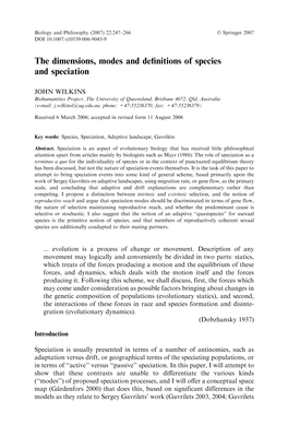 The Dimensions, Modes and Definitions of Species and Speciation