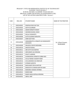 II-II SEM. ACADEMIC YEAR 2020-2021 BRANCH: COMPUTER SCIENCE & ENGINEERING (CSE) LIST of the II B.TECH CLASS PROCTORS - Section-1