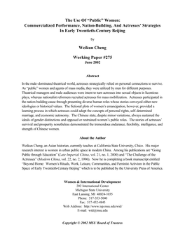 “Public” Women: Commercialized Performance, Nation-Building, and Actresses’ Strategies in Early Twentieth-Century Beijing