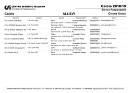 Calcio 2018/19 Comitato Di Vallecamonica Elenco Responsabili Calcio ALLIEVI Girone Unico