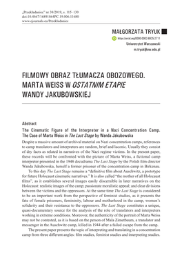 Filmowy Obraz Tłumacza Obozowego. Marta Weiss W Ostatnim Etapie Wandy Jakubowskiej