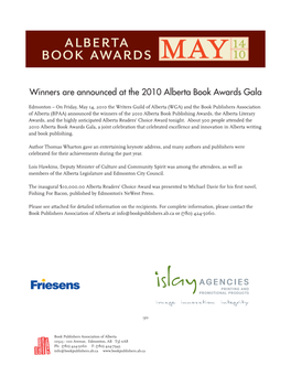 Winners Are Announced at the 2010 Alberta Book Awards Gala