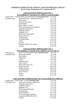 COLLEGE BUS TIMINGS BUS NO. 1 PANAMPILLY NAGAR to CAMPUS (Via KALOOR)