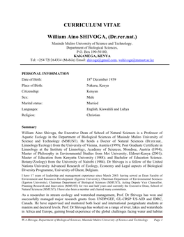 CURRICULUM VITAE William Aino SHIVOGA, (Dr.Rer.Nat.)