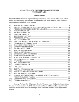 1 CFA ANNUAL and EXECUTIVE BOARD MEETINGS JUNE 30-JULY 3, 2016 Index to Minutes Secretary's Note: This Index Is Provided Only