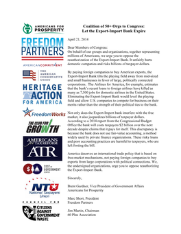 Coalition of 50+ Orgs to Congress: Let the Export-Import Bank Expire