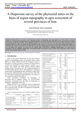 A Dispersion Survey of the Phytoseiid Mites on the Basis of Region Topography in Agro Ecosystem of Several Provinces of Iran