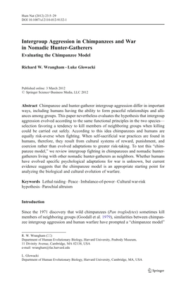 Intergroup Aggression in Chimpanzees and War in Nomadic Hunter-Gatherers Evaluating the Chimpanzee Model