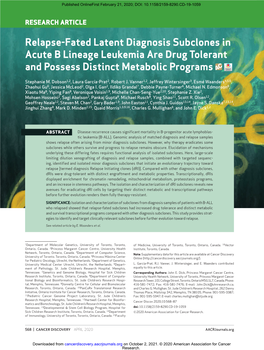 Relapse-Fated Latent Diagnosis Subclones in Acute B Lineage Leukemia Are Drug Tolerant and Possess Distinct Metabolic Programs