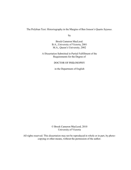Historiography in the Margins of Ben Jonson's Quarto Sejanus. by Brock