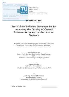 Test Driven Software Development for Improving the Quality of Control Software for Industrial Automation Systems