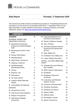 Daily Report Thursday, 17 September 2020 CONTENTS